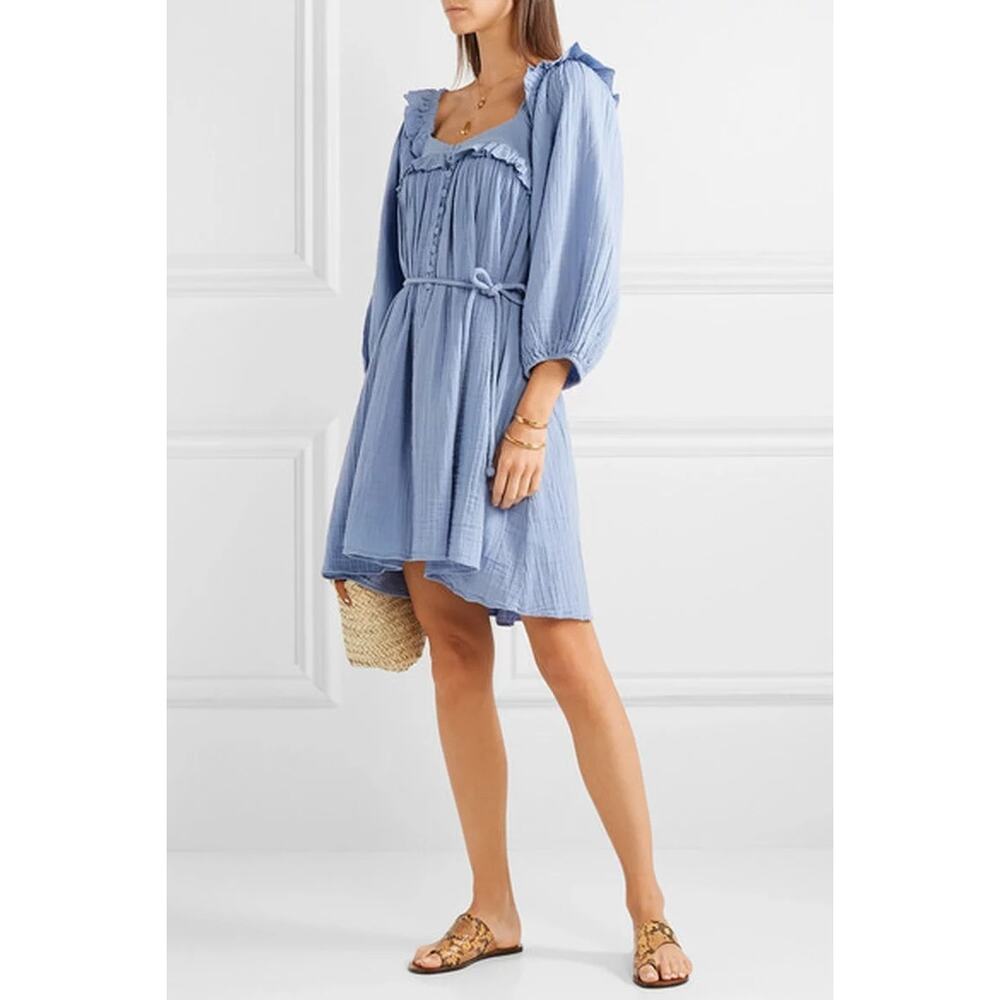 Apiece Apart Blue Cotton Crepe Muslin Ruffle Balloon Sleeves Bene Dress‎ Size 6